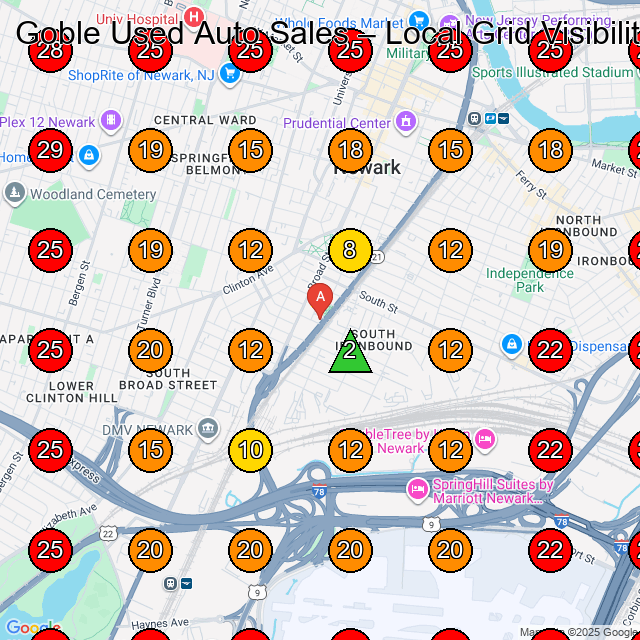 Goble Used Auto Sales GeoGrid visibility map for Used Car Dealer in Newark